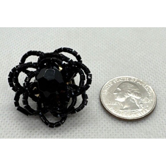 Vintage Black Beaded Flower Floral Clip-On Earrings 1960s Retro Seed Bead - Picture 6 of 8